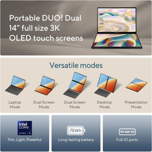 Asus Zenbook Duo OLED (2023) Ultrabook – 1st Series Intel Core Ultra 9-185H  14inch 3K OLED  1TB SSD  32GB RAM Shared Intel Arc Graphics / Windows 11PRO USED